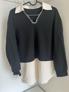 Elle Black and White Collared Layered-Look Sweatshirt